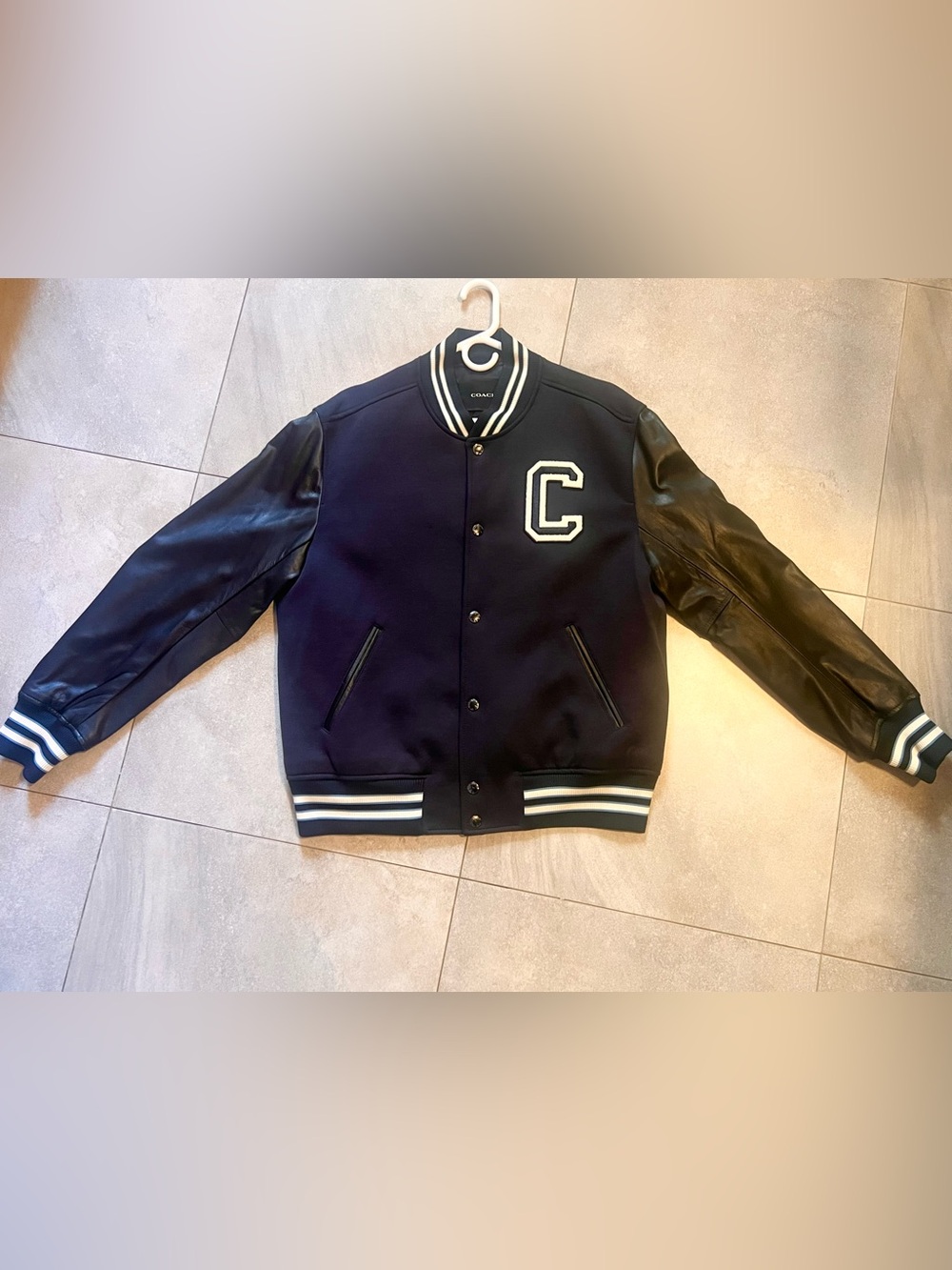Coach Black and Navy Varsity Bomber Jacket with White C Patch - Picture 2 of 2